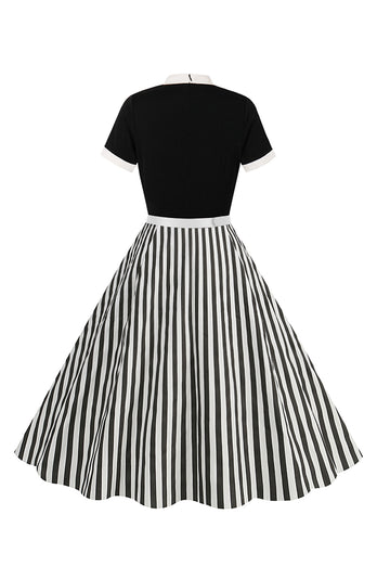 A Line Black Pinstripe 1950s Swing Dress with Short Sleeves