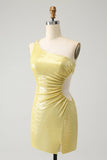 Stylish Yellow Bodycon One Shoulder Short Graduation Dress with Hollow Out