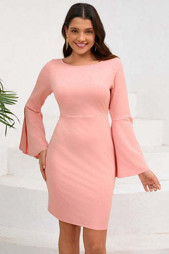 Bodycon Pink Round Neck Cocktail Dress with Long Sleeves