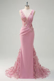 Mermaid Taro Ruched V-Neck Long Prom Dress with 3D Flowers