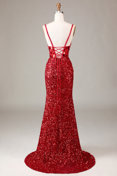 Glitter Mirror Sequins Red Corset Prom Dress with Slit