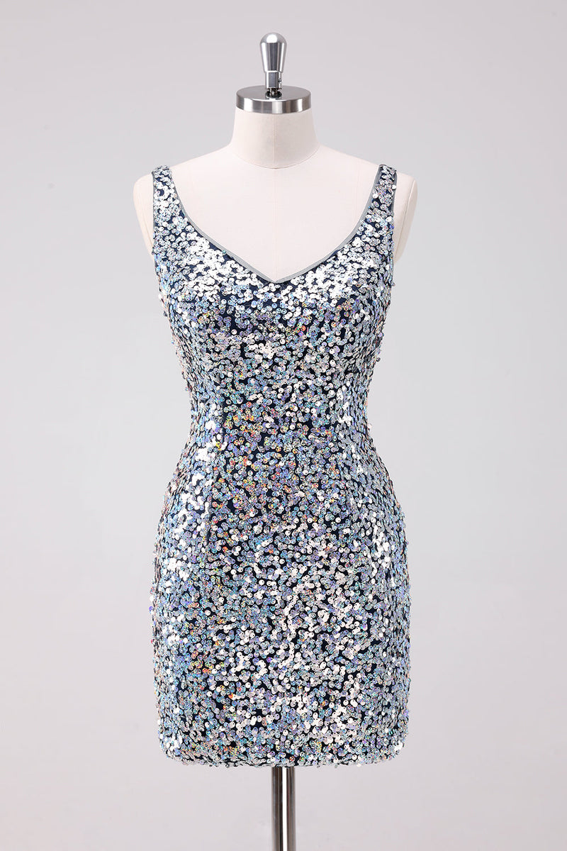 Load image into Gallery viewer, Sparkly Silver Bodycon V-Neck Short Graduation Dress with Sequins