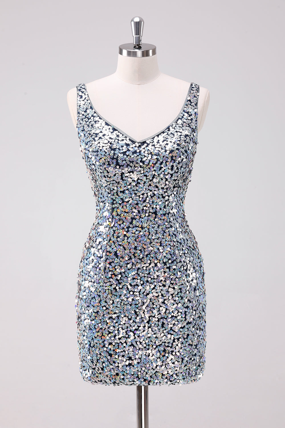 Sparkly Silver Bodycon V-Neck Short Graduation Dress with Sequins