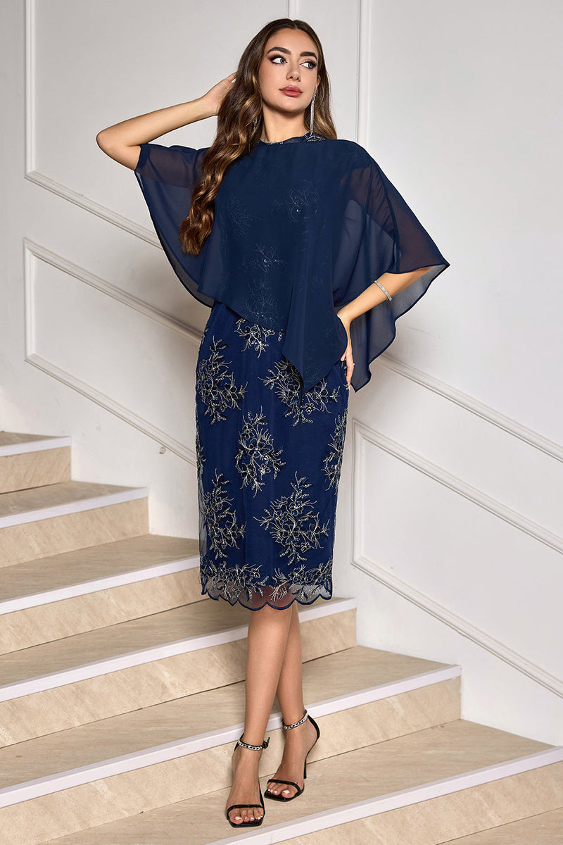 Load image into Gallery viewer, Navy Sheath Tea Length Appliqued Mother of the Bride Dress with Wrap