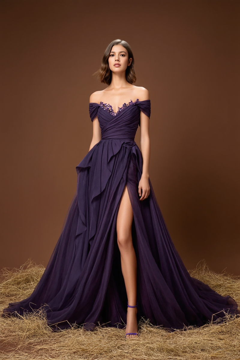 Load image into Gallery viewer, Elegant Purple Off-Shoulder A Line Long Prom Dress With Slit