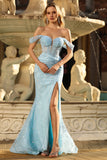 Blue Off The Shoulder Mermaid Beaded Long Prom Dress with Slit