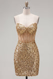 Sparkly Golden Sheer Corset Strapless Bodycon Cocktail Dress with Sequins