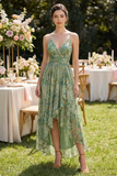 Dusty Green A Line Printed V-Neck High Low Floral Dress with Ruffles