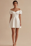 White A Line Off the Shoulder Short Graduation Dress with Puff Sleeves
