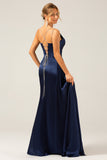 Navy Mermaid Spaghetti Straps Pleated Corset Long Prom Dress With Slit