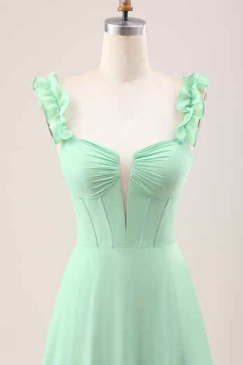 Green A Line Off The Shoulder Corset Bridesmaid Dress With Ruffles