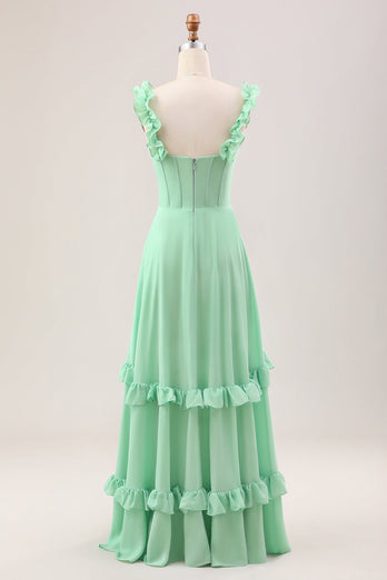 Green A Line Off The Shoulder Corset Long Bridesmaid Dress With Ruffles