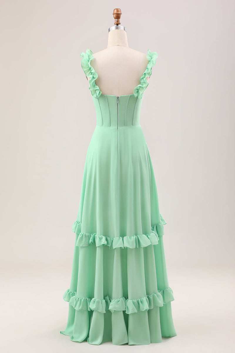 Load image into Gallery viewer, Green A Line Off The Shoulder Corset Long Bridesmaid Dress With Ruffles