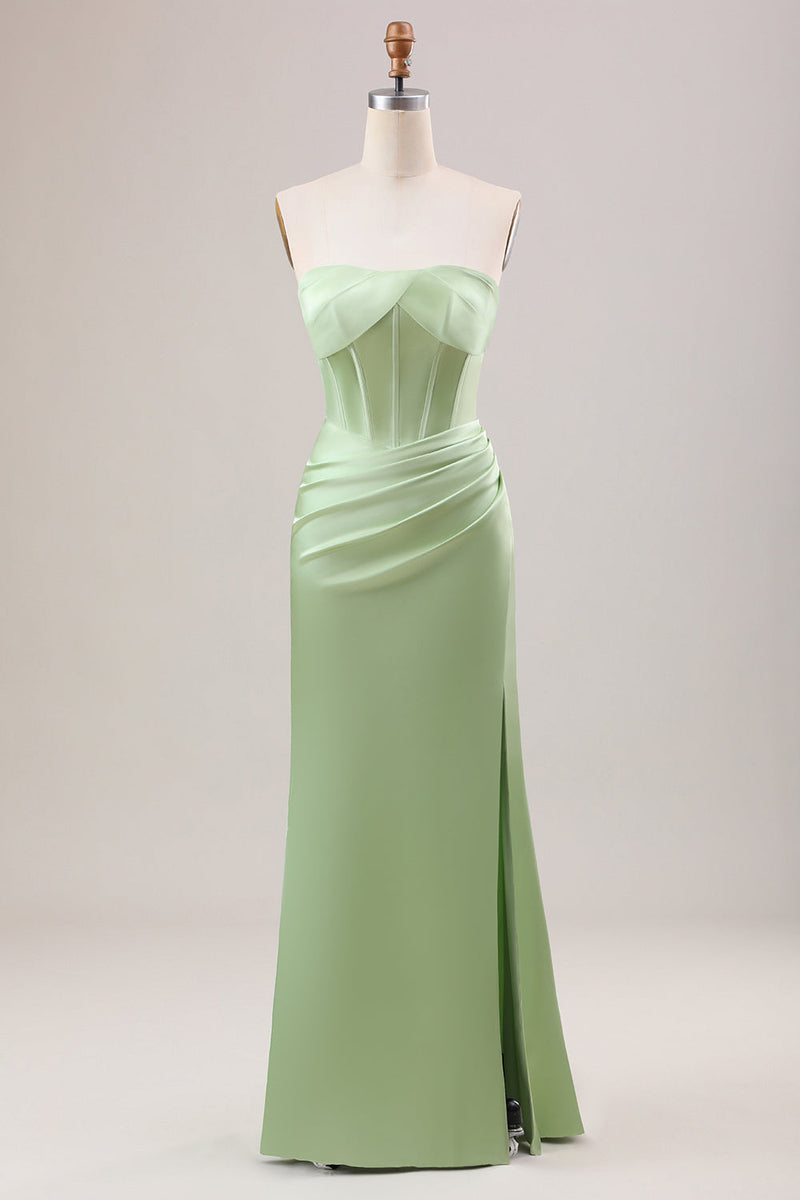 Load image into Gallery viewer, Sheath Corset Strapless Long Green Bridesmaid Dress With Slit