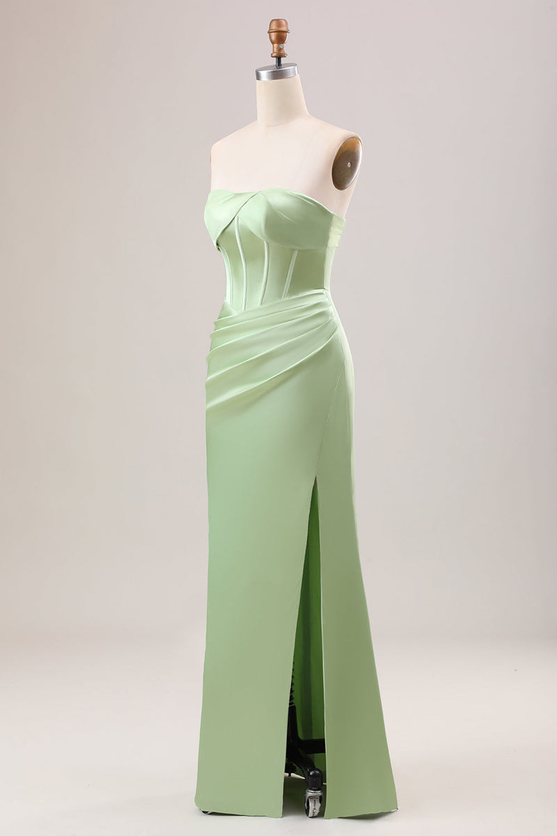 Load image into Gallery viewer, Green Sheath Corset Strapless Long Bridesmaid Dress With Slit