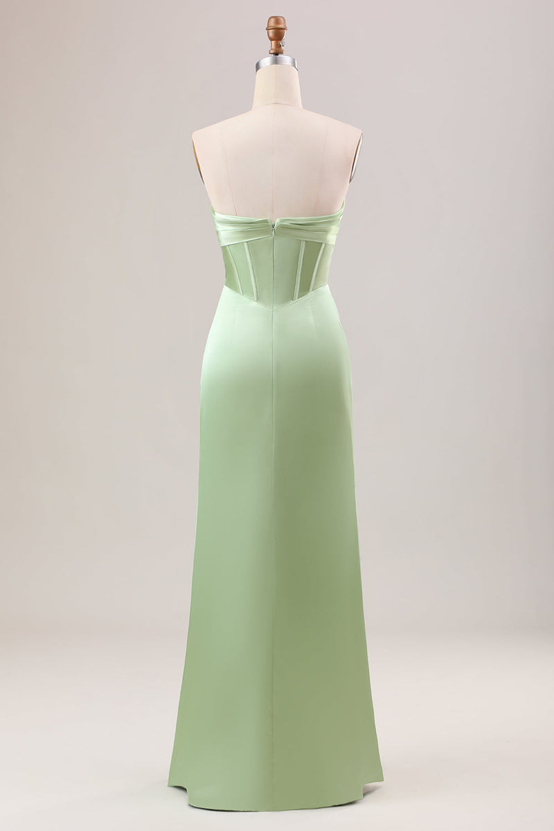 Load image into Gallery viewer, Sheath Corset Strapless Long Green Bridesmaid Dress With Slit