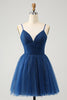 Load image into Gallery viewer, Navy A Line Spaghetti Straps Tulle Lace-Up Back Graduation Dress