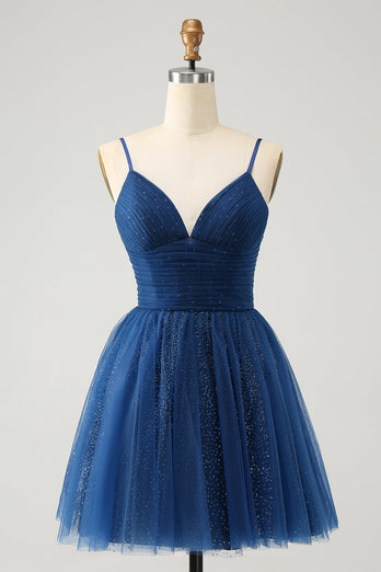 Navy A Line Spaghetti Straps Tulle Lace-Up Back Graduation Dress