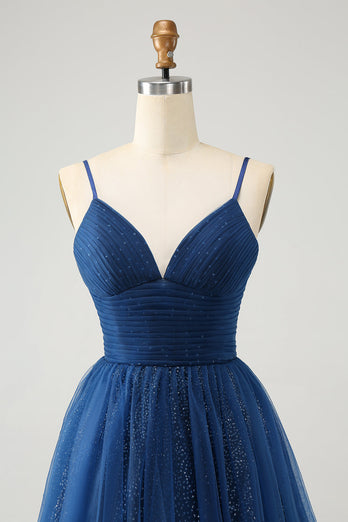 Navy A Line Spaghetti Straps Tulle Lace-Up Back Graduation Dress