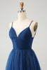 Load image into Gallery viewer, Navy A Line Spaghetti Straps Tulle Lace-Up Back Graduation Dress