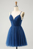 Load image into Gallery viewer, Navy A Line Spaghetti Straps Tulle Lace-Up Back Graduation Dress