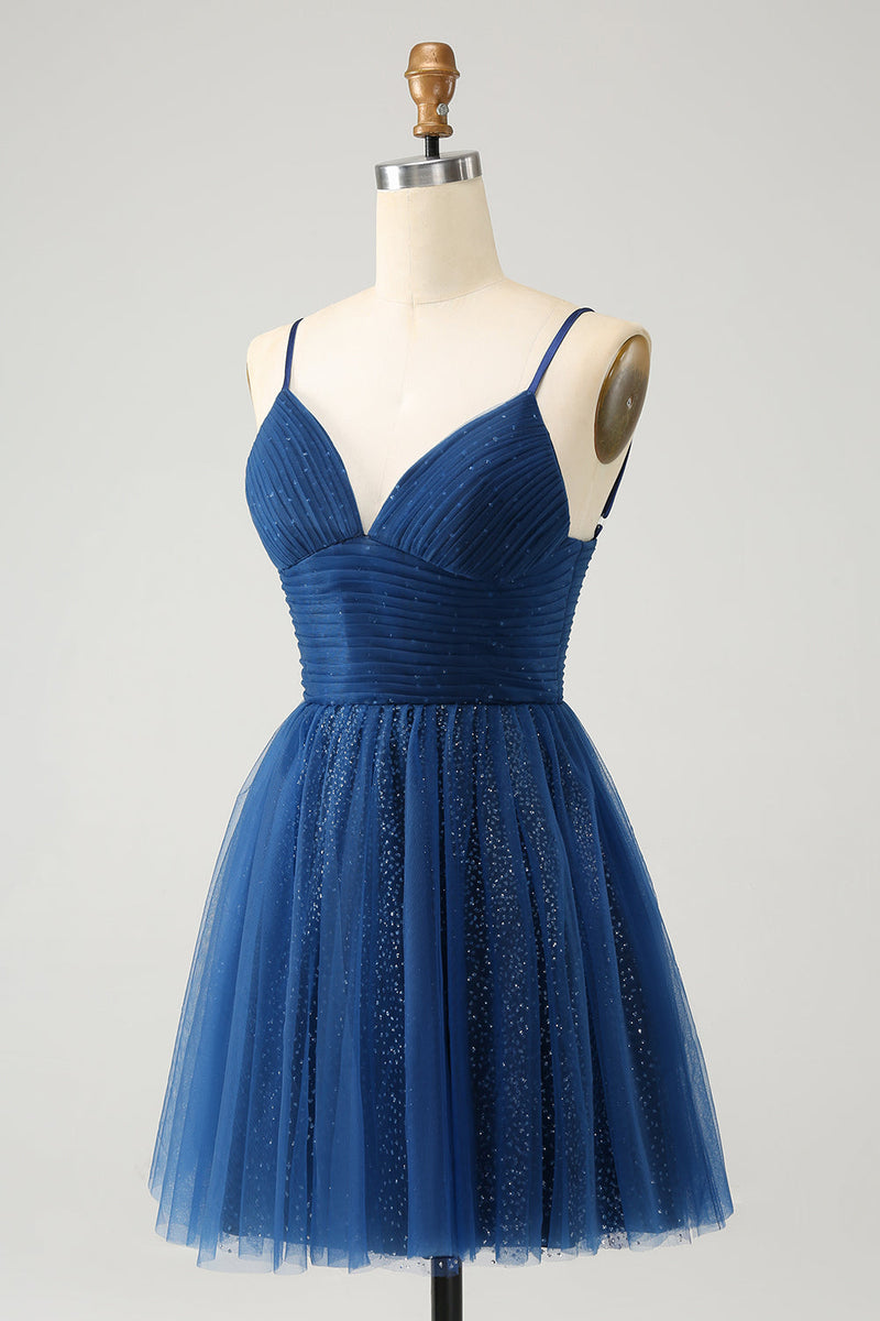 Load image into Gallery viewer, Navy A Line Spaghetti Straps Tulle Lace-Up Back Graduation Dress