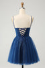 Load image into Gallery viewer, Navy A Line Spaghetti Straps Tulle Lace-Up Back Graduation Dress