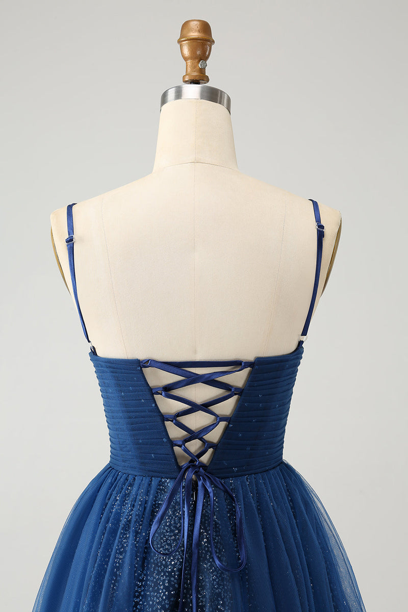 Load image into Gallery viewer, Navy A Line Spaghetti Straps Tulle Lace-Up Back Graduation Dress