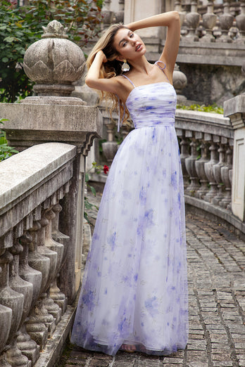 Lavender Flower A Line Spaghetti Straps Long Bridesmaid Dress with Slit