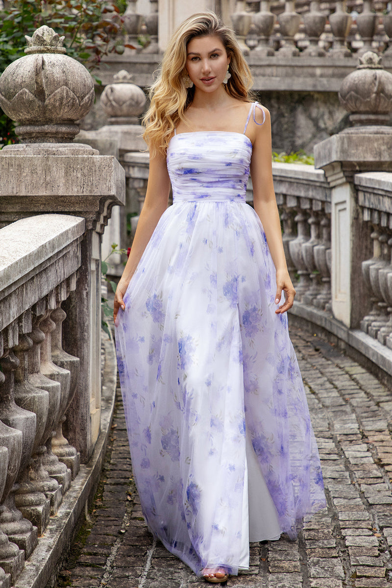 Load image into Gallery viewer, Lavender Flower Spaghetti Straps A Line Long Bridesmaid Dress with Slit