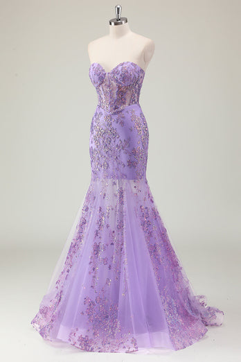 Purple Mermaid Corset Strapless Long Prom Dress with Appliques