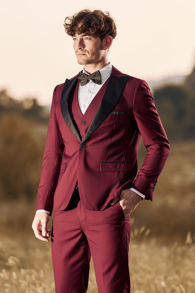 Load image into Gallery viewer, 3 Pieces Peak Lapel Burgundy Men&#39;s Prom Suits