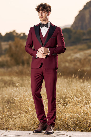 3 Pieces Peak Lapel Burgundy Men's Prom Suits