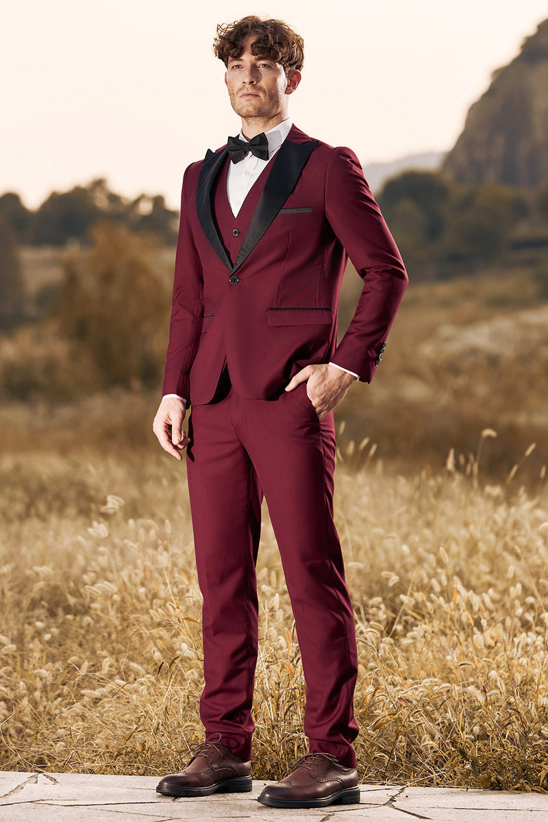 Load image into Gallery viewer, 3 Pieces Peak Lapel Burgundy Men&#39;s Prom Suits