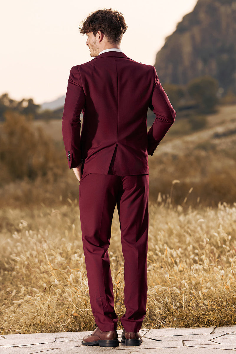 Load image into Gallery viewer, 3 Pieces Peak Lapel Burgundy Men&#39;s Prom Suits