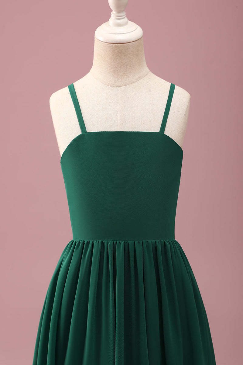 Load image into Gallery viewer, Dark Green A Line Ruched Spaghetti Straps Junior Bridesmaid Dress