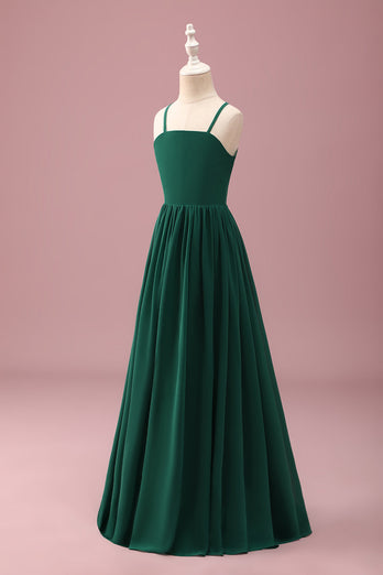 Dark Green A Line Ruched Spaghetti Straps Junior Bridesmaid Dress