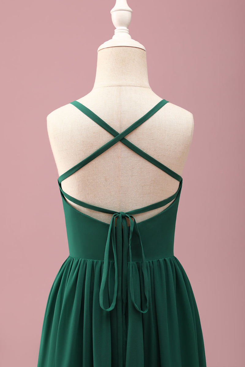 Load image into Gallery viewer, Dark Green A Line Ruched Spaghetti Straps Junior Bridesmaid Dress