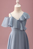 Load image into Gallery viewer, Grey Blue V-Neck A-Line Chiffon High Low Junior Bridesmaid Dress