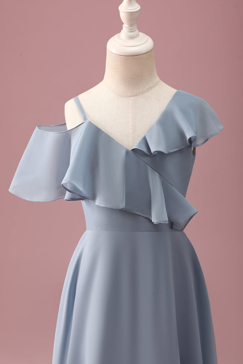 Load image into Gallery viewer, Grey Blue V-Neck A-Line Chiffon High Low Junior Bridesmaid Dress