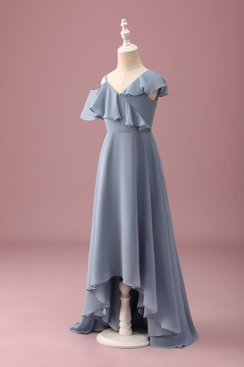 Load image into Gallery viewer, Grey Blue V-Neck A-Line Chiffon High Low Junior Bridesmaid Dress