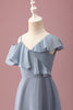 Load image into Gallery viewer, Grey Blue V-Neck A-Line Chiffon High Low Junior Bridesmaid Dress