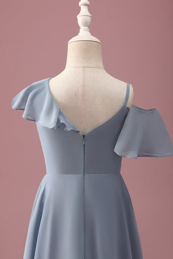 Grey Blue V-Neck A-Line Chiffon High Low Junior Bridesmaid Dress