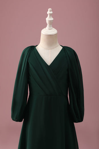 Pine Green A-Line V-Neck Chiffon Junior Bridesmaid Dress with Long Sleeves