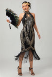 Bodycon Halter Black Golden Sequin 1920s Dress With Fringes