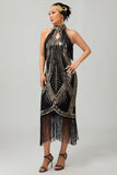 Bodycon Halter Black Golden Sequin 1920s Dress With Fringes