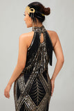 Bodycon Halter Black Golden Sequin 1920s Dress With Fringes