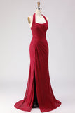 Dark Red Halter Beaded Mermaid Lace Up Back Long Prom Dress with Slit