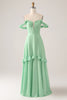 Load image into Gallery viewer, Green A Line Off The Shoulder Corset Bridesmaid Dress With Ruffles