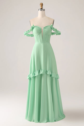 Green A Line Off The Shoulder Corset Long Bridesmaid Dress With Ruffles